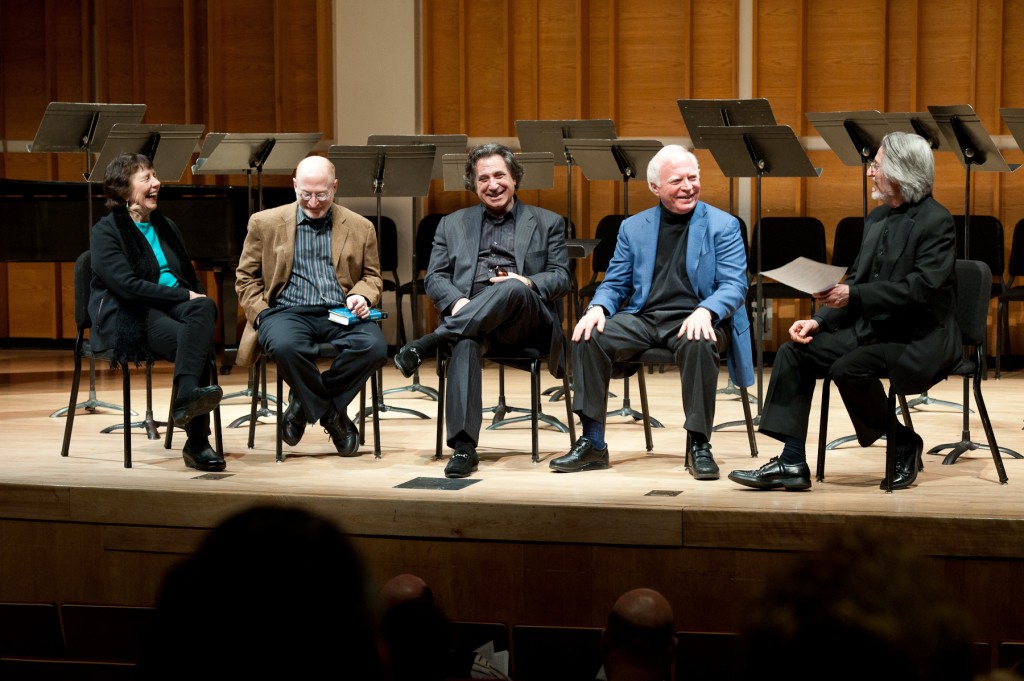 Joan Tower, Aaron Jay Kernis, Richard Danielpour, Roger Davidson, Harold Rosenbaum at Merkin Hall, pre-show discussion, March 3, 2013